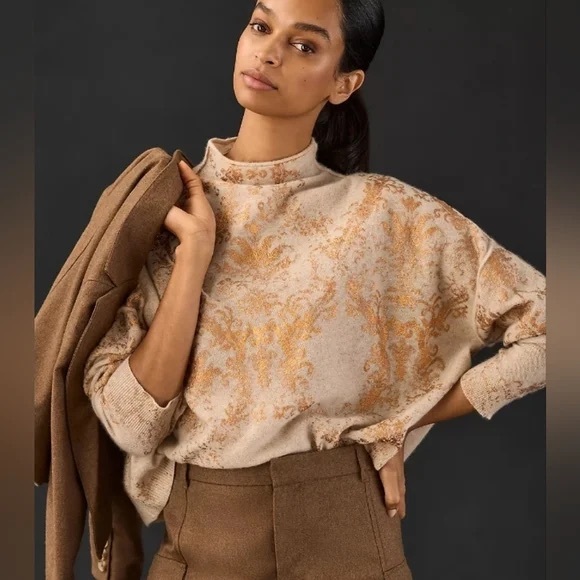 Anthropologie Sweaters - Anthropologie pilcro The Alani mock neck cashmere sweater gold foil beige SMALL